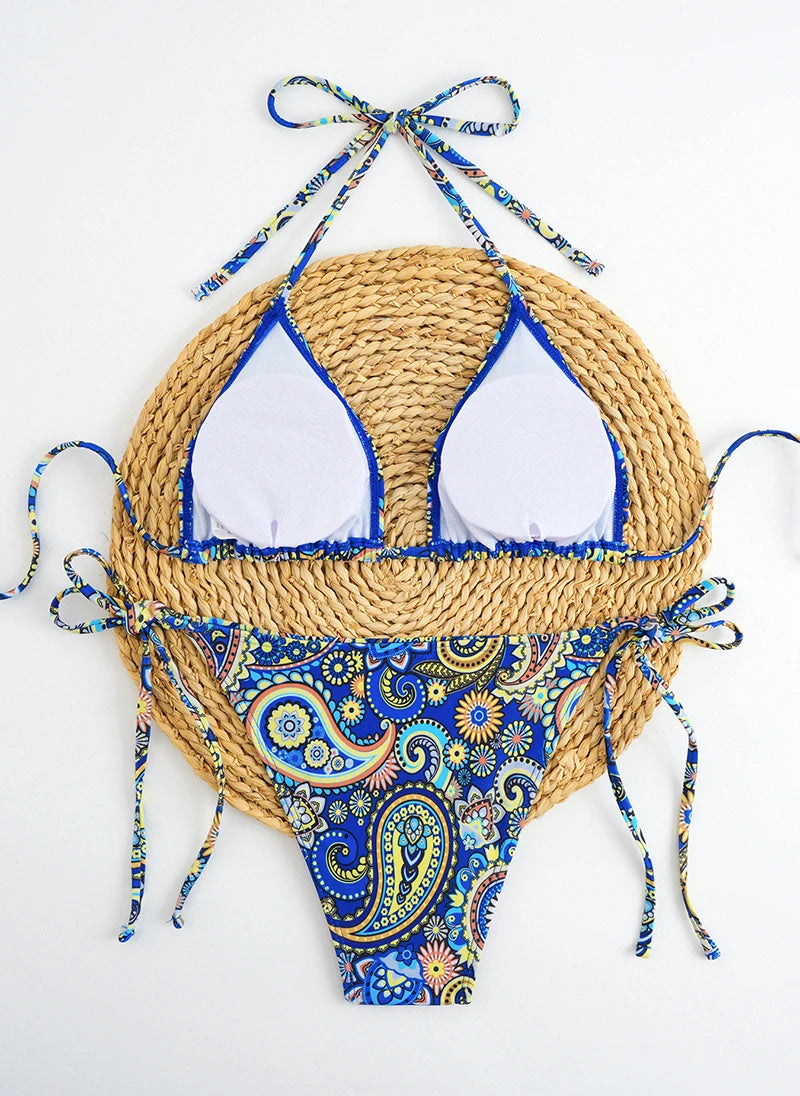 Traje de baño para mujer 2025, traje de baño de dos piezas con cuello halter, conjunto de bikini para mujer, ropa de playa de verano, traje de baño con cordón ajustable, tanga, copa triangular