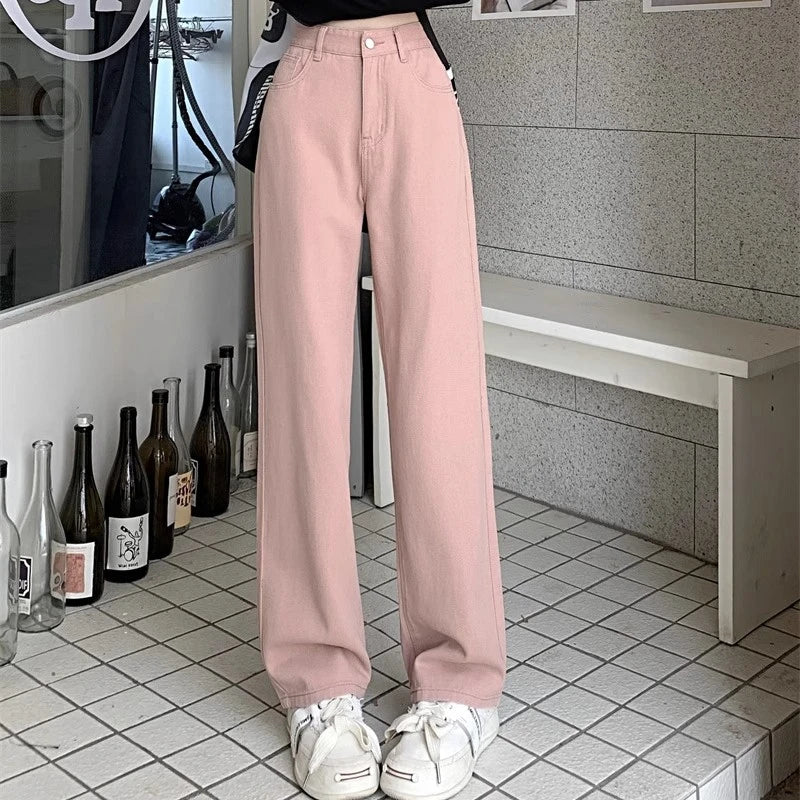 Pantalones vaqueros vintage de pierna ancha para mujer, pantalones de cintura alta para niña, moda femenina, negro, gris, retro, azul, azul claro, rosa, pantalones vaqueros