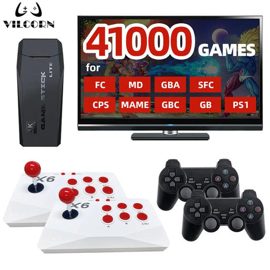 Consola de videojuegos arcade VILCORN 4K TV Game Stick con doble joystick arcade, 41000 juegos para MAME/Sega/PS1/Atari, regalo para niños