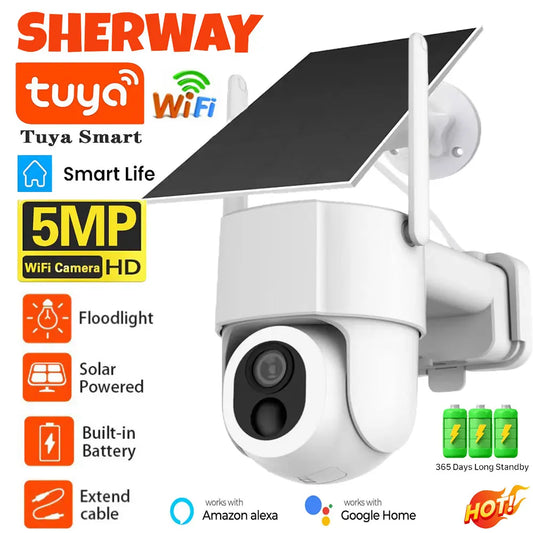 Cámara de seguridad WiFi solar Tuya para exteriores, inalámbrica, 5MP, batería de bajo consumo, cámara PTZ, detección de movimiento PIR, videovigilancia CCTV