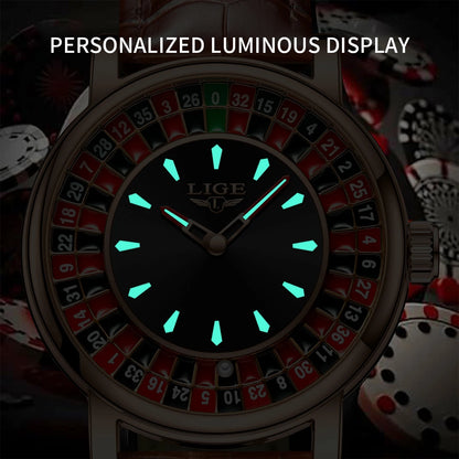 Reloj de Cuarzo LIGE para Hombre, Moda, Lujo, Diseño Creativo de Ruleta, Esfera de Juego, Correa de Cuero, Casual, Resistente al Agua, Regalo + Caja