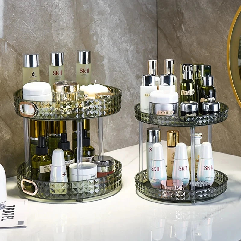 Organizador giratorio de 360 grados para especias, bebidas y cosméticos, transparente, de PET, para cocina y baño.