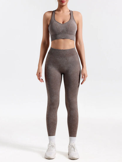 Conjunto de yoga sin costuras con lavado ácido de 2 piezas para mujer, ropa deportiva para gimnasio, leggings, conjunto deportivo para entrenamiento, espalda en V, traje de fitness Teveo para mujer