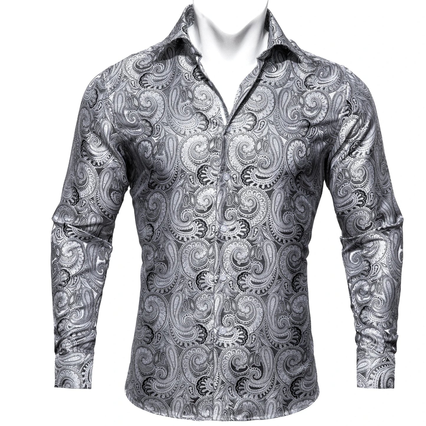 Camisas clásicas negras estampadas y bordadas para hombre, solapa de seda, manga larga, corte formal exquisito, ideales para eventos de negocios y fiestas. Barry.Wang CY-0407