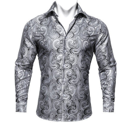 Camisas clásicas negras estampadas y bordadas para hombre, solapa de seda, manga larga, corte formal exquisito, ideales para eventos de negocios y fiestas. Barry.Wang CY-0407