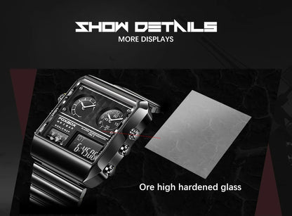 LIGE - Nuevo reloj para hombre, cuadrado, luminoso, deportivo, correa de acero inoxidable, doble pantalla, reloj de pulsera de cuarzo, reloj militar resistente al agua