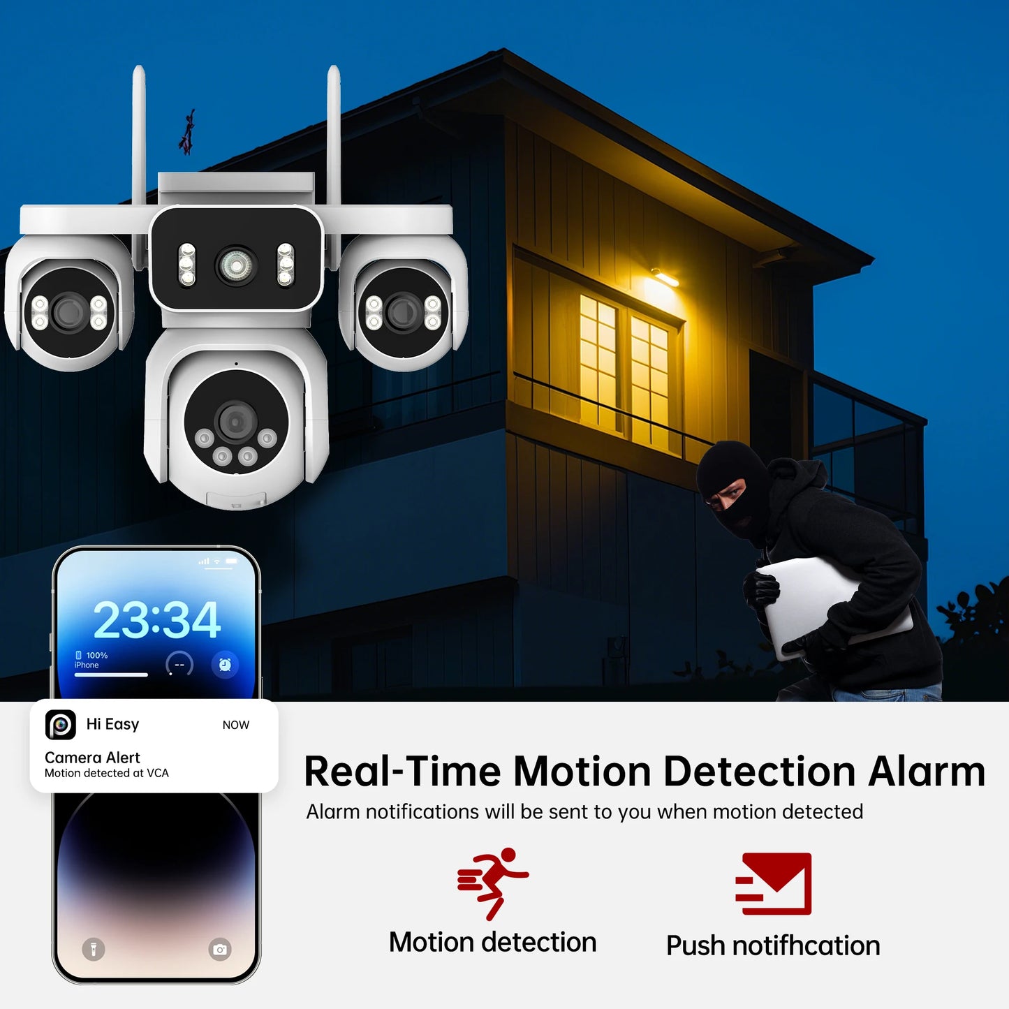 Cámara de seguridad WiFi 10K de 20 MP con 4 lentes, 4 pantallas, PTZ 360°, zoom 16x, resistente al agua, para vigilancia doméstica, CCTV, exteriores y callejera.