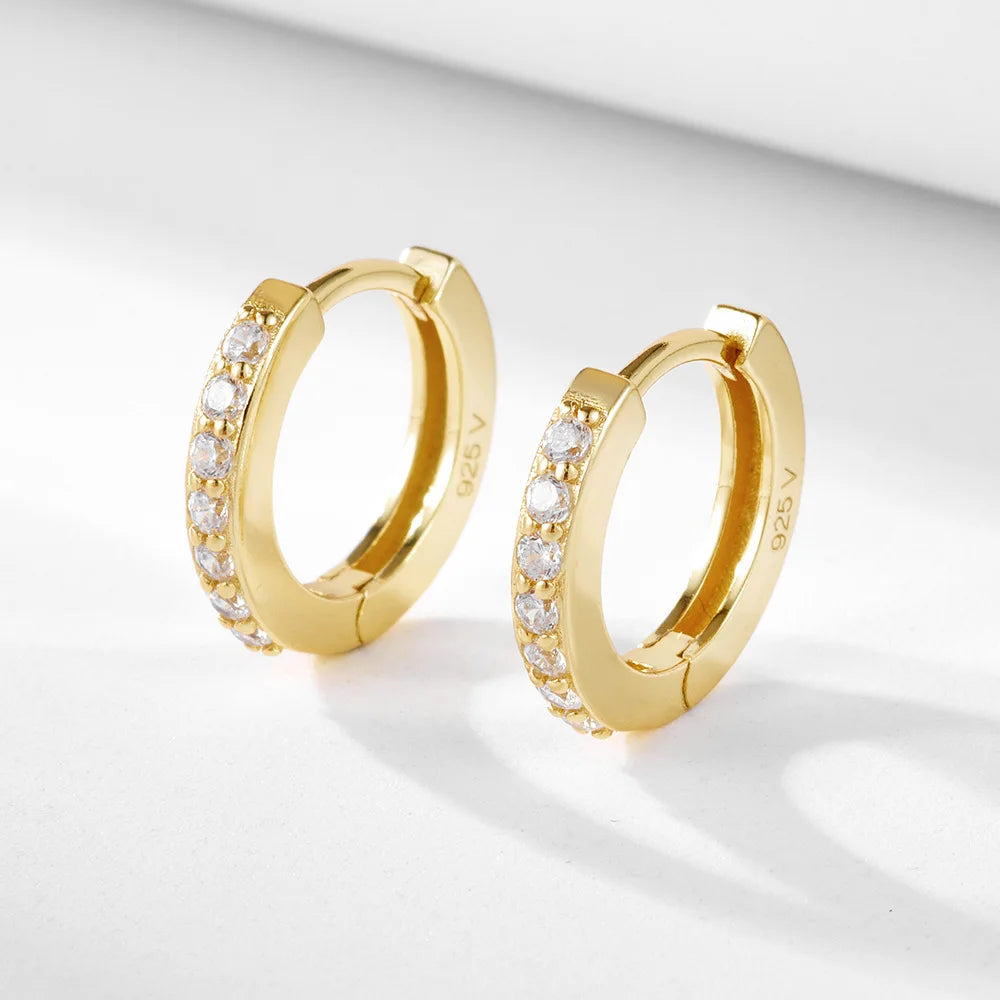 Pendientes de clip de una sola fila de circonitas estilo coreano en plata esterlina S925 - Diseño circular, Japón-Corea, lujo ligero, chapado en oro pulido S
