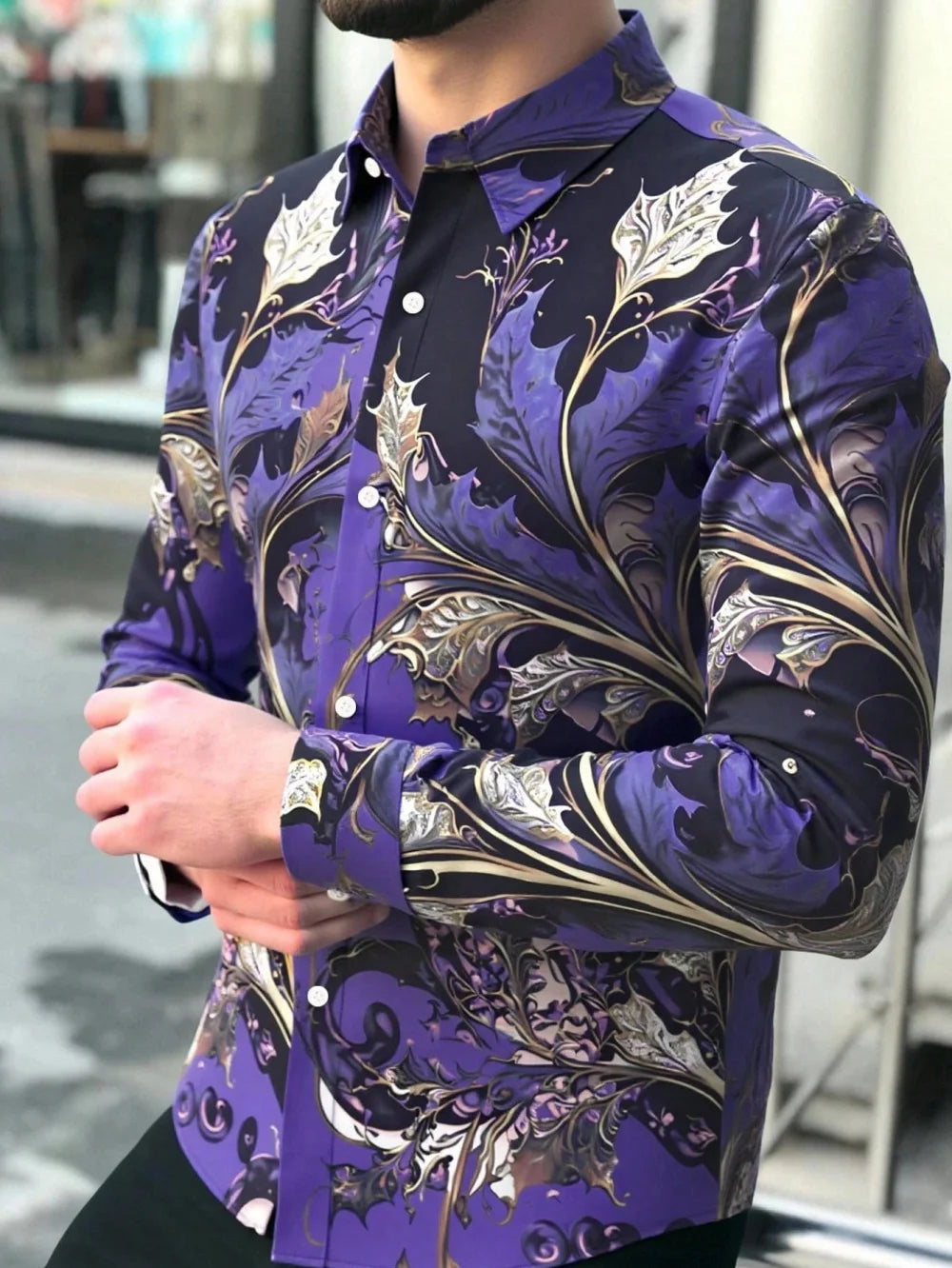 Camisa floral de manga larga para hombre, elegante y sofisticada, ideal para actividades al aire libre, negocios y eventos sociales. Corte recto con solapa y botonadura sencilla.