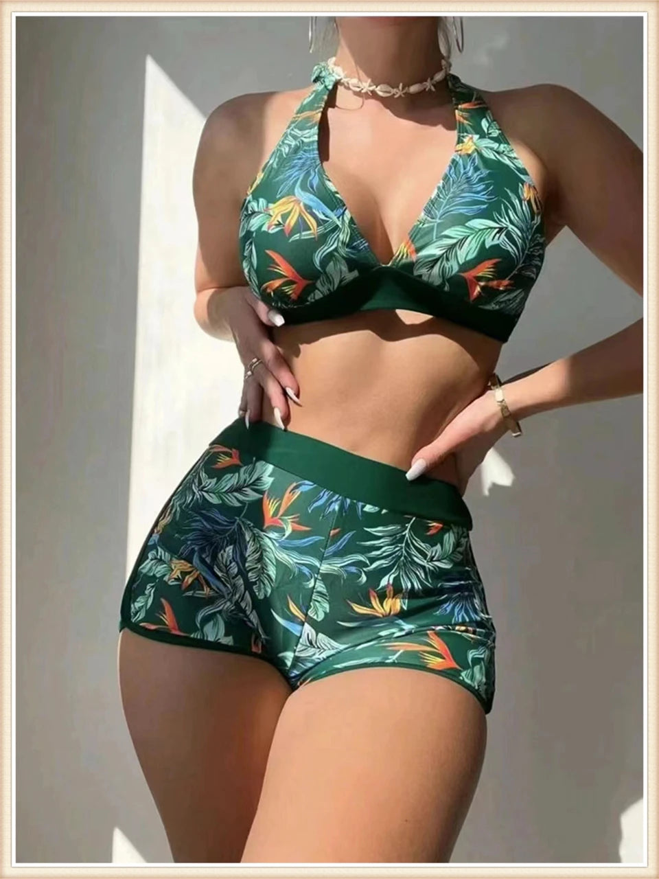 Bikini Halter 2023 para mujer, traje de baño de cintura alta, bañador sexy para mujer, traje de baño con estampado de hojas, ropa de playa de verano