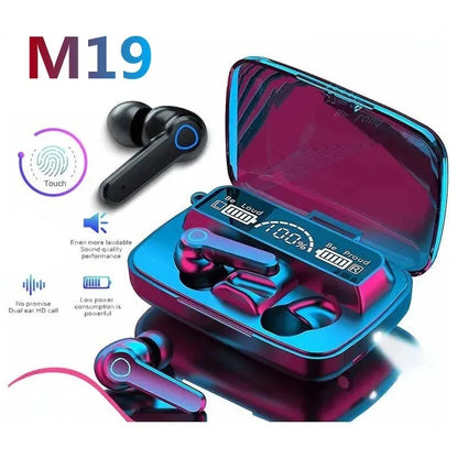 Auriculares Bluetooth M19 inalámbricos TWS para juegos, con cancelación de ruido, táctiles, intrauditivos, mini auriculares con batería externa de emergencia