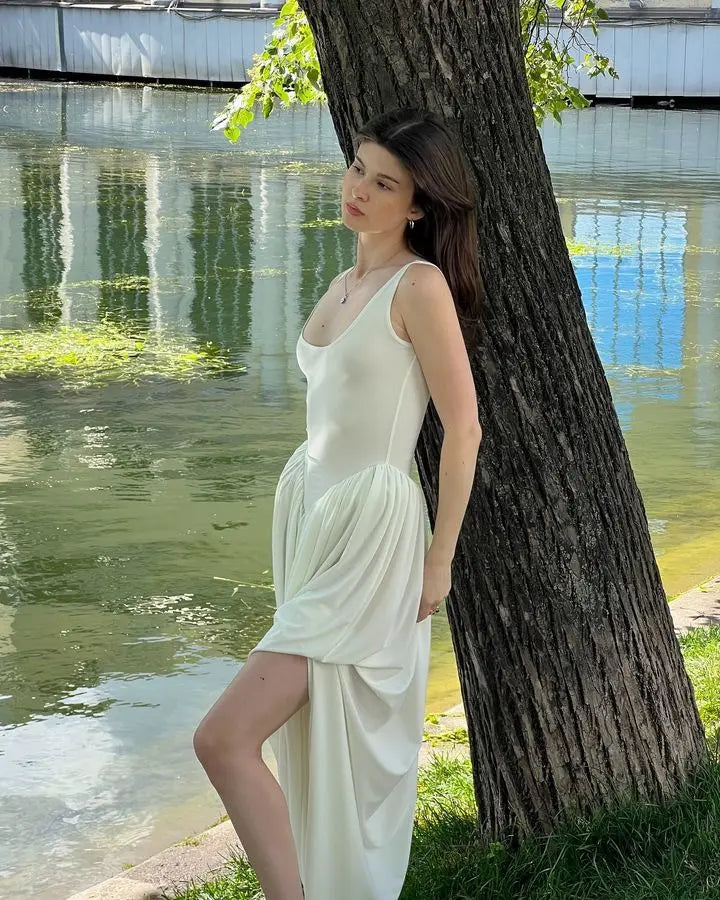 Vestido largo sexy con abertura alta JULISSA MO para mujer, negro, sin mangas, de talle alto, ideal para otoño, elegante y ajustado, perfecto para fiestas y discotecas (2024)