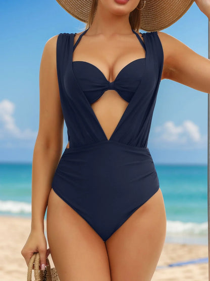 Conjunto de bikini de dos piezas con cuello halter para mujer, bañador sexy liso, push up ajustado, sin espalda, traje de baño de verano para playa, 2025