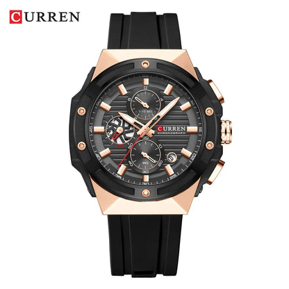 CURREN Reloj deportivo de cuarzo multifuncional con cronógrafo y correa de silicona, esfera de diseño creativo y manecillas luminosas.