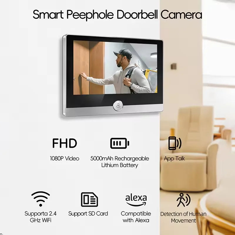 KUXA 4.3 Inch 1080P/158° Wifi Smart Door Bell Camera Tuya Video Door Peepholes PIR Movement Detection Eye Wireless Doorbell