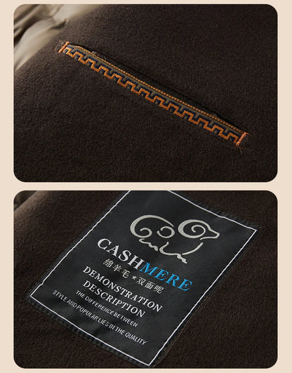 Abrigo de lana de doble faz para hombre, suave y cálido, ideal como prenda esencial. Incluye chaleco de plumas y forro. Color negro café. Estilo clásico.