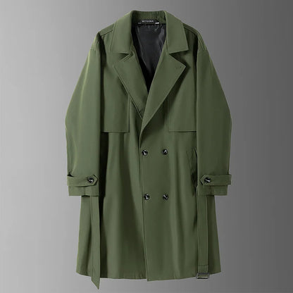 Gabardina larga de hombre, verde militar, corte ajustado, cruzada, con solapa de muesca, cortavientos, ideal para primavera y otoño, estilo casual para actividades al aire libre.