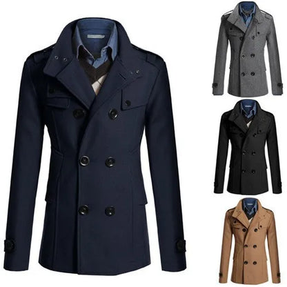 2025 New Jacket Men's Windbreaker Winter Men's Woolen Blend Double Breasted Standing Collar Long Sleeved Casual Jacket Jacket