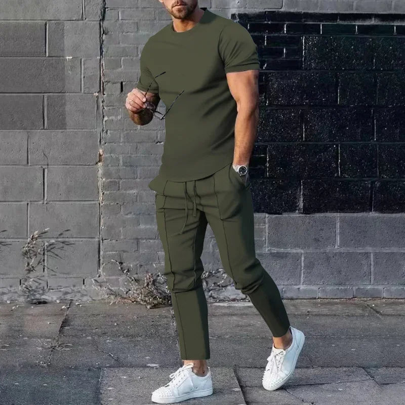 Conjunto deportivo para hombre, otoño 2023, verano, liso, informal, cuello redondo, manga corta, camiseta deportiva, conjunto de dos piezas para hombre