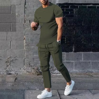 Conjunto deportivo para hombre, otoño 2023, verano, liso, informal, cuello redondo, manga corta, camiseta deportiva, conjunto de dos piezas para hombre