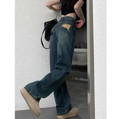 Pantalones vaqueros de pierna ancha para mujer, de cintura alta, con contraste, rectos, holgados, para otoño