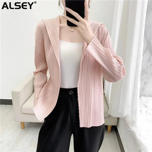 ALSEY Miyake - Cárdigan plisado de color liso para mujer, camiseta de verano, nuevas camisas y blusas holgadas, ropa estética holgada