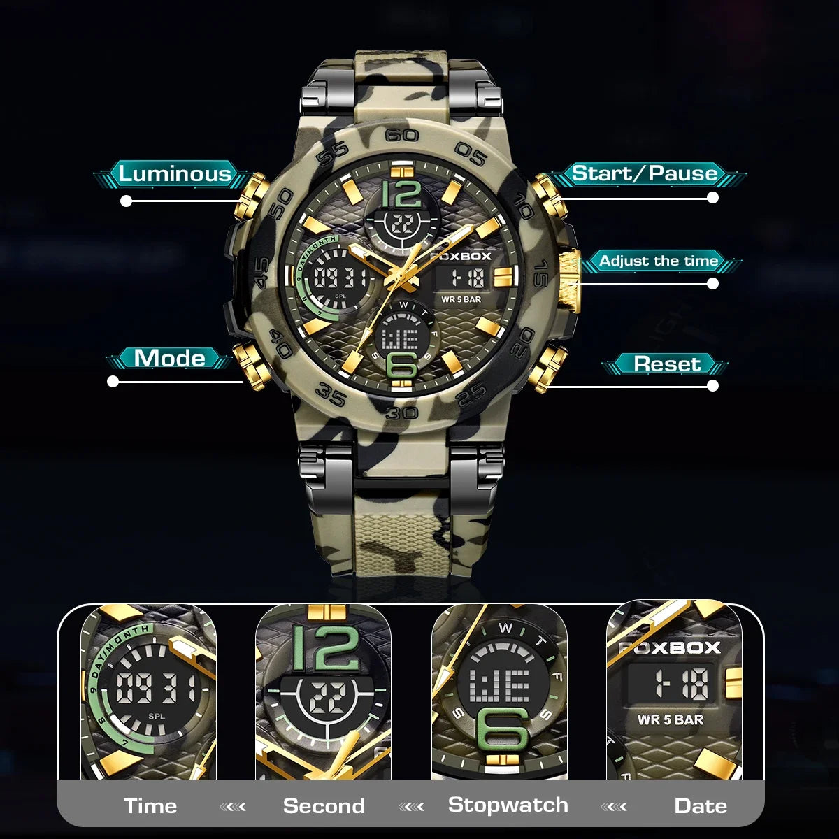 Reloj militar digital LIGE para hombre, resistente al agua hasta 50 m, LED, de cuarzo, deportivo, grande, Masculino