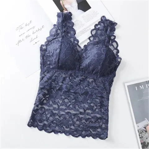 Camiseta de tirantes de encaje de talla grande para mujer, de longitud media, estilo fino de verano con almohadilla para el pecho, capa base, ropa interior exterior