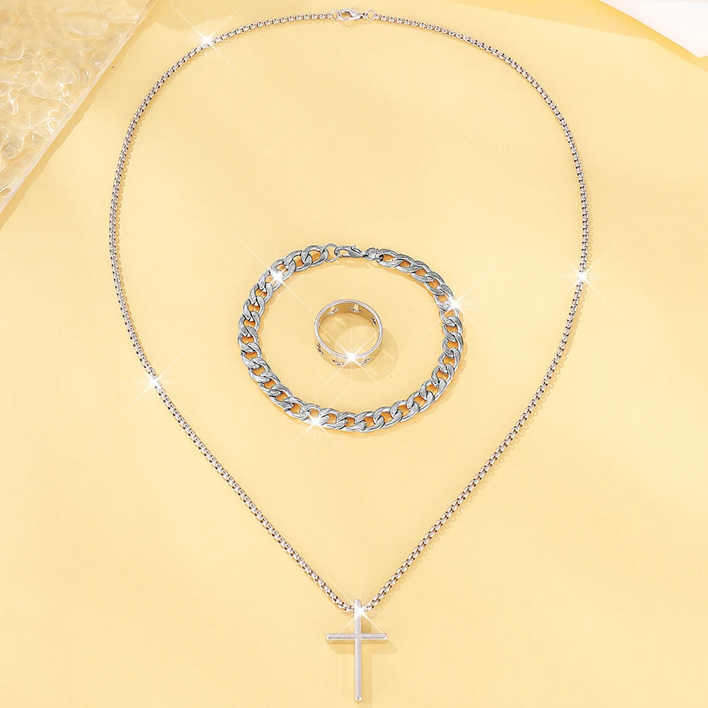 Conjunto de 3 piezas de joyería de aleación de moda para hombre: collar, pulsera y anillo con colgante de cruz.