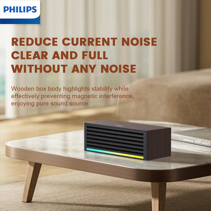 Barra de sonido de escritorio PHILIPS 3709, con un diseño de carcasa de madera simple, es moderna y compacta, y cuenta con tiras de luz RGB.