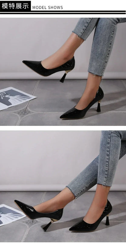 Zapatos Mujer 2024 Tendencia Nuevo Verano Tacones Rojos Elegante Mujer Tacón Negro Punta Puntiaguda Zapatos de Vestir Cuero Blanco Zapatos de Dama
