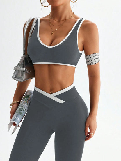 Conjunto deportivo con tirantes anchos y bloqueo de color, conjunto deportivo de una pieza para yoga y fitness con control de abdomen para mujer a prueba de golpes