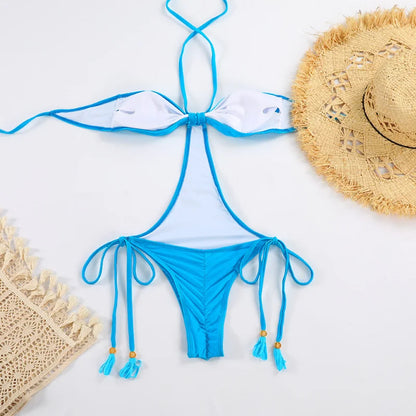Traje de baño de una pieza con cuello halter para mujer, bañador sexy con cordones y push up, conjuntos de bikini lisos 2023, ropa de playa, monokini