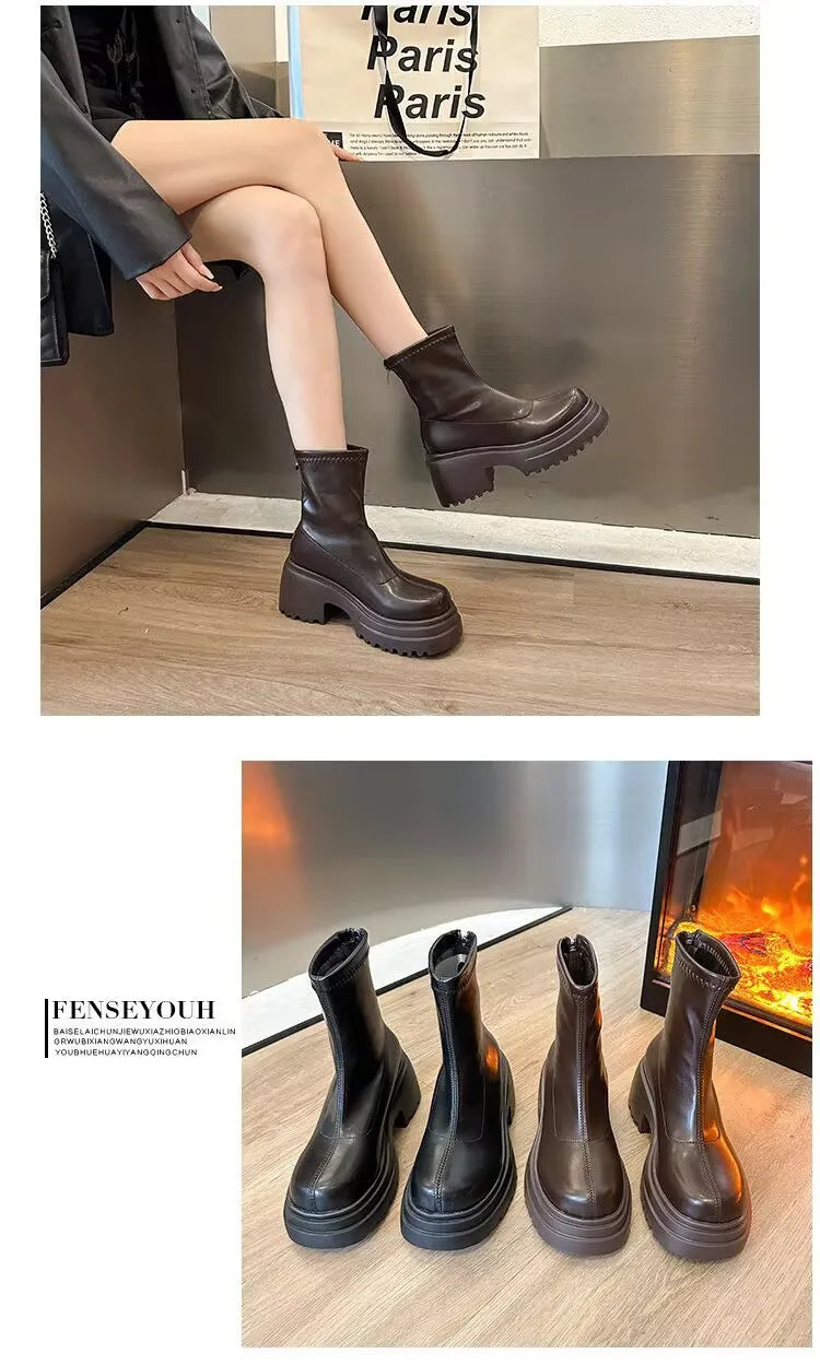 Botines con plataforma para mujer, con aumento de altura, elásticos, adelgazantes, modernos, para otoño e invierno