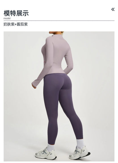 Conjuntos de yoga con contraste de colores para mujer, chaqueta deportiva de manga larga sin costuras con cremallera, leggings adelgazantes de cintura alta, chándal de fitness