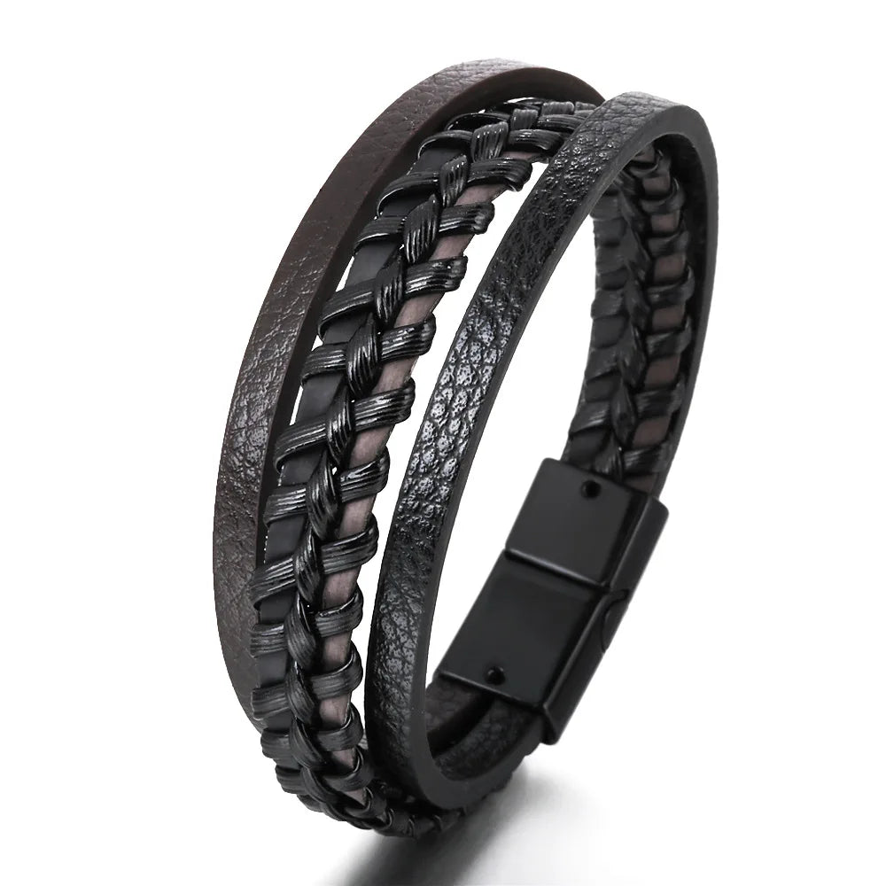 Pulseras de cuero de moda para hombre, pulseras de cuerda trenzada multicapa, pulseras masculinas, joyería, pulsera para hombre