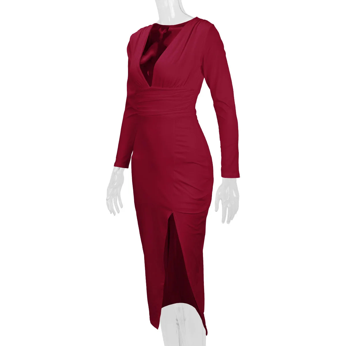 2025 Autumn Winter Female Fashion Slim Fit Long Sleeve V Neck Dress Women's Sexy Slit Knee Length Midi Dress Regular Shoulder