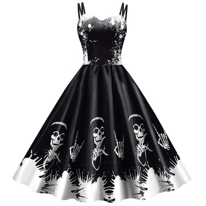 Halloween Costume Skeleton Rose Print Women Girl Female Goth Horror Rockabilly Carnival Fancy Dress Up Party Performance