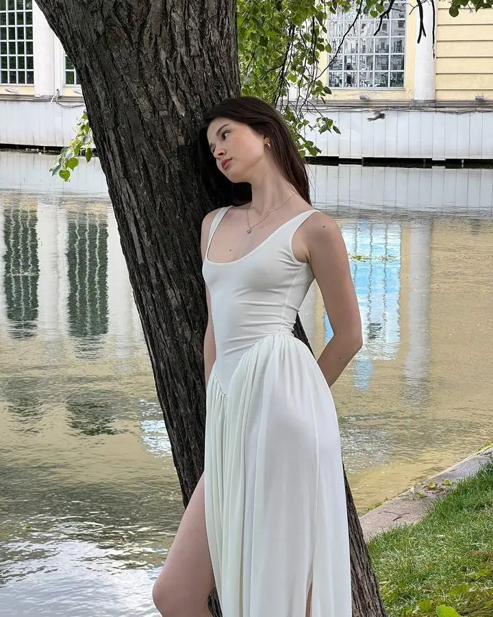 Vestido largo sexy con abertura alta JULISSA MO para mujer, negro, sin mangas, de talle alto, ideal para otoño, elegante y ajustado, perfecto para fiestas y discotecas (2024)