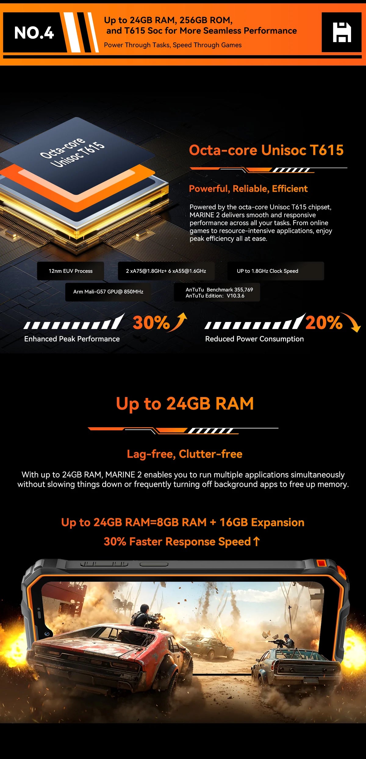 Teléfono resistente Blackview OSCAL Marine 2, 8 GB de RAM, 256 GB de almacenamiento, smartphone con IA, batería de 11000 mAh, pantalla HD+ de 6,56", procesador Unisoc T61, Android 15 y NFC.