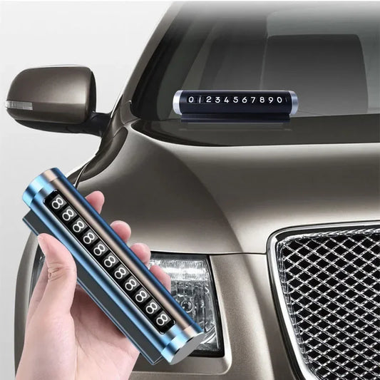 Tarjeta de estacionamiento temporal de metal para coche, placa de matrícula de teléfono giratoria universal, pegatinas de aluminio, accesorios para estilizar el coche.