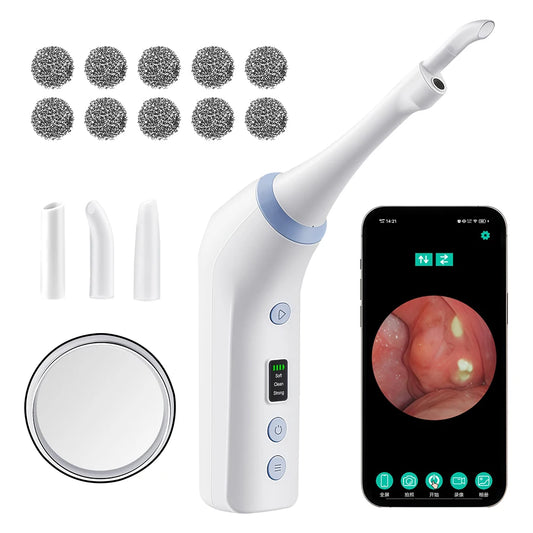 Herramienta eléctrica visible para eliminar cálculos amigdalinos. Kit visible para eliminar cálculos amigdalinos con 3 modos de succión. Cuidado bucal.