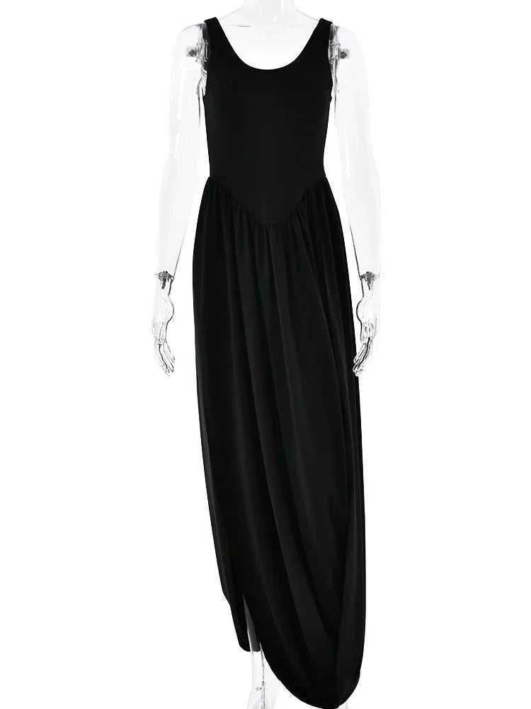 Vestido largo sexy con abertura alta JULISSA MO para mujer, negro, sin mangas, de talle alto, ideal para otoño, elegante y ajustado, perfecto para fiestas y discotecas (2024)