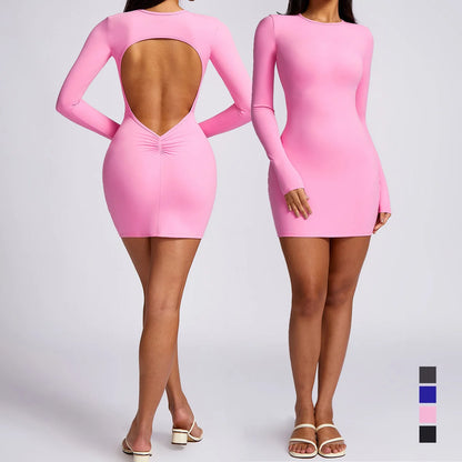 Nuevo conjunto de yoga y fitness para mujer, mono deportivo para entrenamiento, mono de manga larga, vestido sexy con cuello halter, falda ajustada