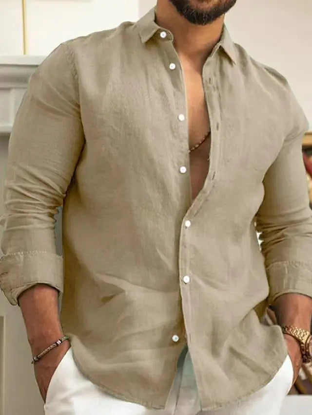 Blusa holgada de lino y algodón para hombre, camisa de verano de manga larga con cuello vuelto y botones, color liso, para negocios, FYY-10721