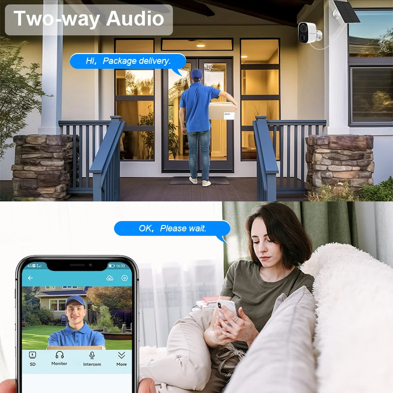 Cámaras de seguridad solares Vstarcam 2K inalámbricas para exteriores con batería, alarma de movimiento PIR, almacenamiento en la nube y audio bidireccional.