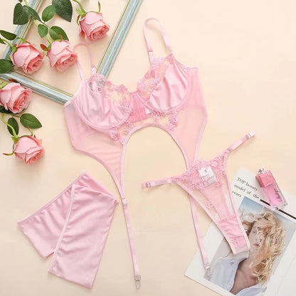 Conjunto de lencería sexy para mujer, ropa interior de encaje transparente, bikini con espalda en T, tanga, leotardo de corte alto, ropa de dormir erótica unicolor