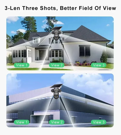 Cámara IP WiFi de 15 MP y 8K con tres lentes, resistente al agua y con carga solar para exteriores. Incluye visión nocturna, audio bidireccional y detección humana. Cámara de seguridad CCTV.