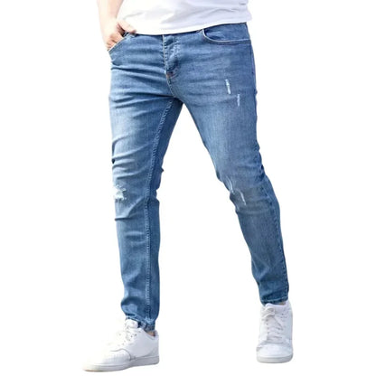 Pantalones vaqueros elásticos de corte ajustado para hombre, estilo urbano clásico informal, con cremallera, de mezclilla, de diseñador, en negro y azul.