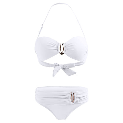 Bikini sexy con aros para mujer, traje de baño blanco liso con cuello halter, microbañador push up de metal, traje de baño brasileño de dos piezas 2023, nuevo